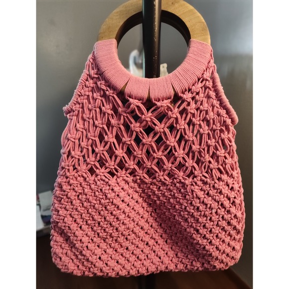 Macrame Handbag Wood Handle Pink Knitted Boho Bag Women's Purse - Picture 1 of 3